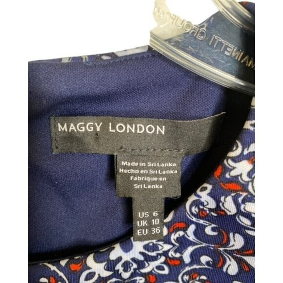 Maggy London Dress V Neck Midi Navy Print Stretchy US 6 EUC - Picture 3 of 5